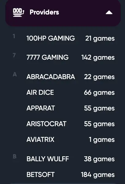 Caswino providers offer a wide range of games.